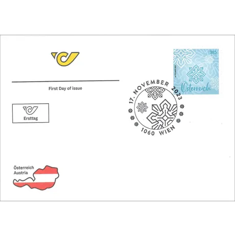 Austrian Post first day cover with 2023 snowflake stamp (€3.85) and postmark from 17 November 2023, Vienna.