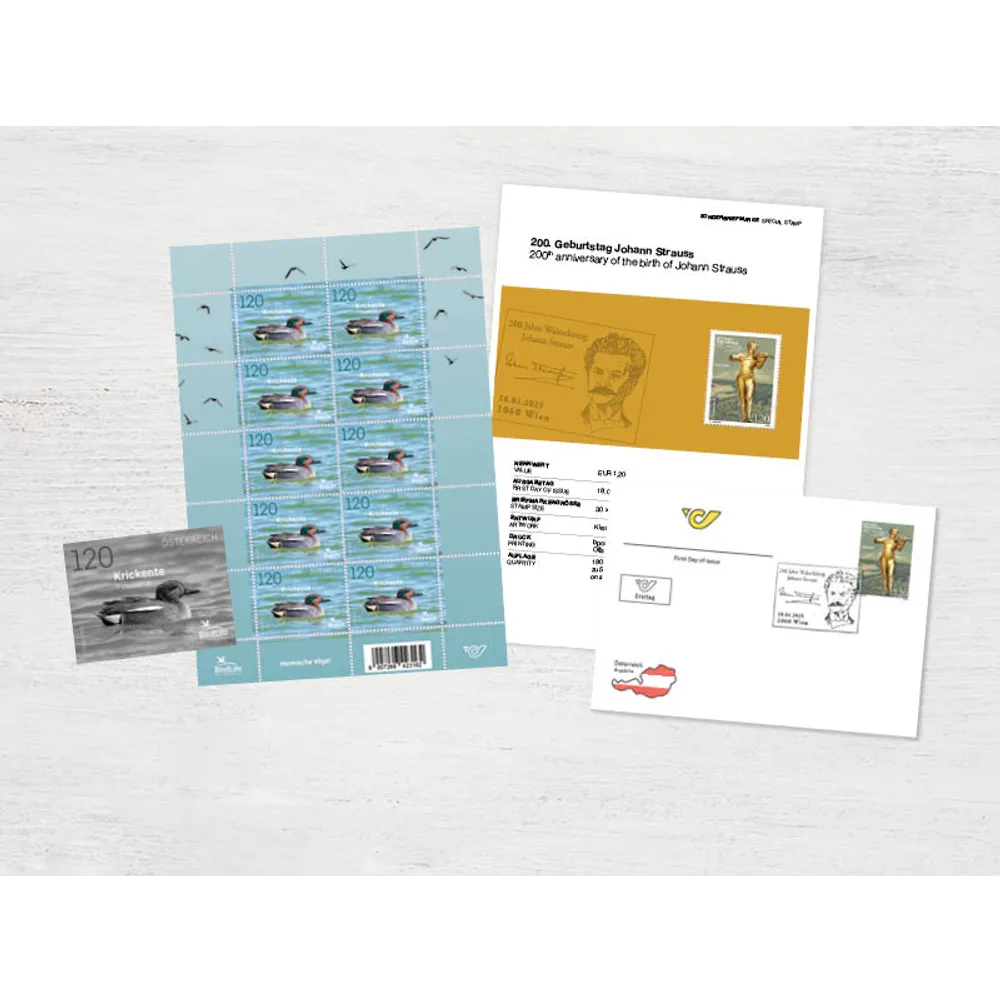 Produkte der Österreichischen Post: Briefmarkenbogen '1,20 Euro: Krickente' und '200. Geburtstag Johann Strauss' Briefmarke und Kuvert.