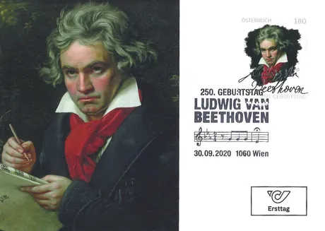 64136b01aa7d442652b254be92f4581b087ecece.jpg Briefmarke Österreich 2020, Nominale 1,80 €: 250. Geburtstag Ludwig van Beethoven, Porträt und Noten, Ersttagsausgabe.