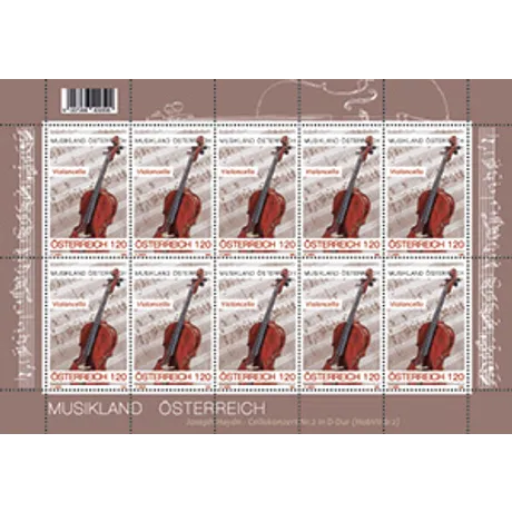 Austrian Post stamp sheet 2023, €1.20 each: 'Music Land Austria' theme with a violin illustration.
