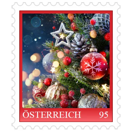 c667ada70f9ab9c23c256f46752789038618c12b.png Austrian stamp 2023, nominal value 0.95 euros: Christmas tree with ornaments, including a red bauble and star.