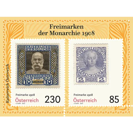 Austrian Post 2022 stamp set: 1908 monarchy stamps, 230 Euro and 85 Euro, featuring Franz Joseph I and Maria Theresa.