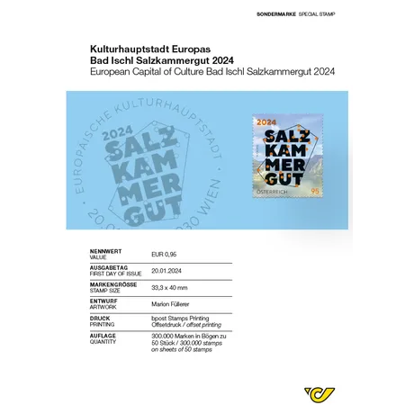 2d2dcd06f672eeb875e282b3e9491423761a5a28.png Briefmarke Österreich 2024, Nominale 0,95 €: Kulturhauptstadt Europas Bad Ischl Salzkammergut 2024, blauer Hintergrund.