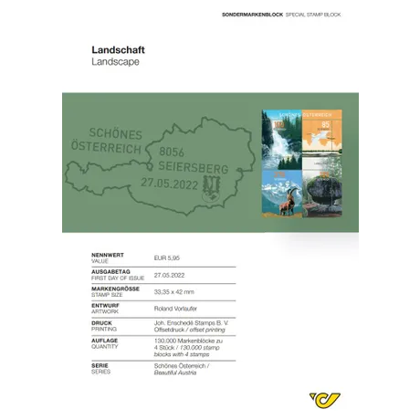 Sondermarkenblock der Österreichischen Post 'Schönes Österreich' von 2022 mit 4 Landschafts-Briefmarken.