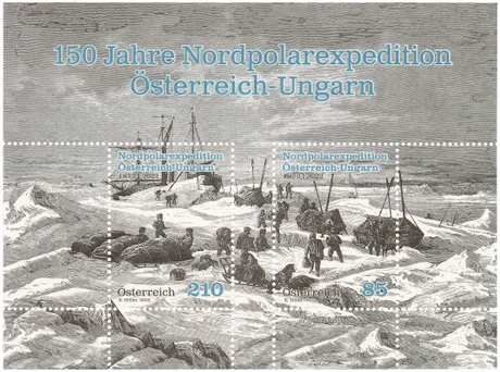 Austrian Post 2022 stamp sheet: 150 years of Austria-Hungary's North Pole expedition, values €2.10 and €0.85.