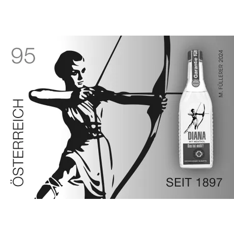 Briefmarke Österreich 2024, Nominale 0,95 Euro: Diana mit Bogen und Mentholflasche, Text 'Seit 1897', Graustufendesign.