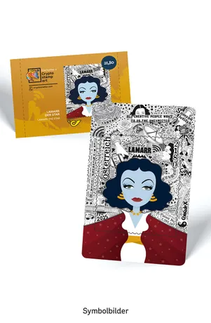 Crypto stamp mit stilisiertem Porträt von Hedy Lamarr vor künstlerischem Hintergrund. Gelbe Verpackung. Nominale 21,80, Österreich, Jahr 2025