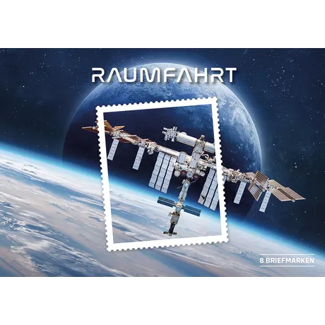 Briefmarken-Set Österreich 2023: Thema Raumfahrt mit der Internationalen Raumstation und Erde im Hintergrund.