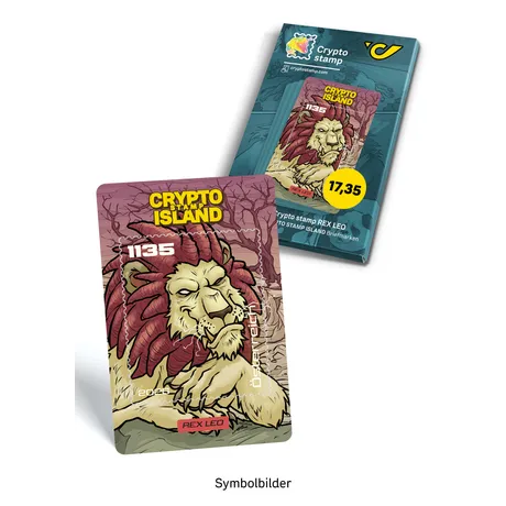 Sammelbriefmarke ‚Crypto Stamp Island – Rex Leo‘ mit einer Illustration eines Löwen vor Waldmotiv.
