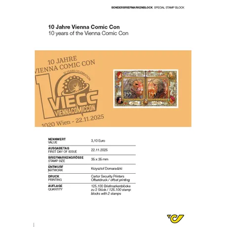 Showtime! Vienna Comic Con is the biggest event in Austria dedicated to popular culture in its many different forms. Austrian Post is issuing a spectacular miniature sheet to celebrate the event’s 10th anniversary. Showtime! Vienna Comic Con is the biggest event in Austria dedicated to popular culture in its many different forms. Austrian Post is issuing a spectacular miniature sheet to celebrate the event’s 10th anniversary.