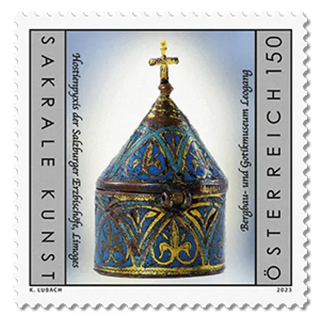 Austrian stamp 2023, nominal value 1.50 euros: Sacred Art, reliquary from Salzburg Cathedral, colorful design.