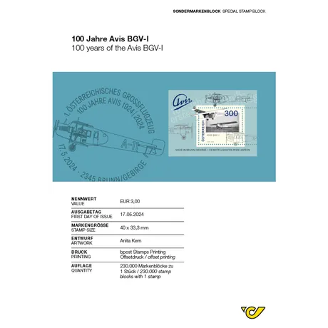 324220 Sondermarkenblock der Österreichischen Post '100 Jahre Avis BGV-I' mit €3,00 Briefmarke, Ausgabe am 17.05.2024.