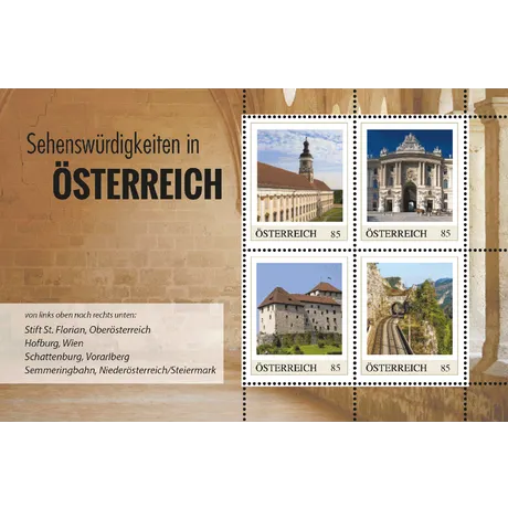 Briefmarken Österreich 2023, Nominale 0,85 €: Stift St. Florian, Hofburg, Schattenburg, Semmeringbahn.