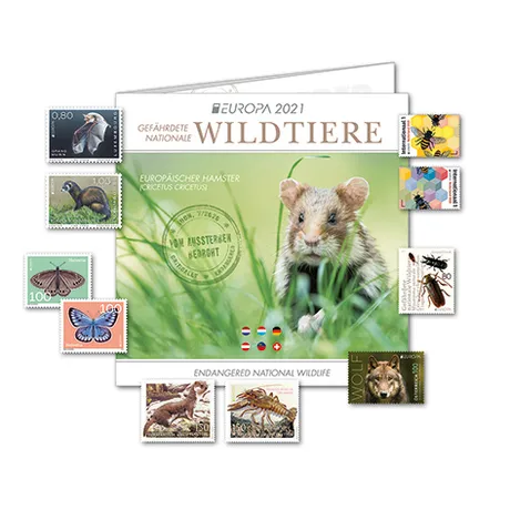 91cd5c0bdd27c441c1a6434318236f197d761eee.jpg Briefmarken Österreich 2021 'Wildtiere': Europäischer Hamster und gefährdete Tiere, Nominalwerte sichtbar.