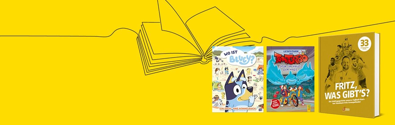 Gelber Banner mit drei Büchern: „Wo ist Bluey?“, „Tom Turbo – Spuk im Haus der Haie“ und „Fritz, was gibt’s?“ Kochbuch.