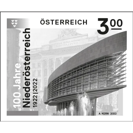 Briefmarke Österreich 2022, Nominale 3,00 Euro: 100 Jahre Niederösterreich, modernes Gebäude und historischer Hintergrund.