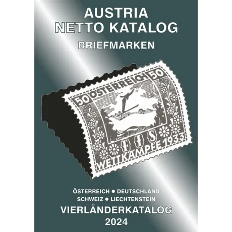 Titelbild des Austria Netto Katalogs 2024 mit einer österreichischen Briefmarke von 1933 mit Skispringer und Blumenmotiv.