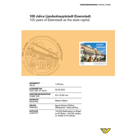 100 Jahre Landeshauptstadt Eisenstadt Briefmarke Österreich 2025, Nominale 1,90 €: 100 Jahre Landeshauptstadt Eisenstadt, mit historischem Gebäude.