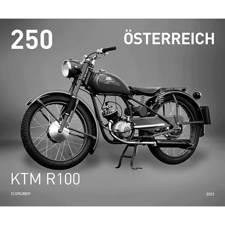 066df5f13e3926f3bc2c119221de111f0eb92e8f.jpg Briefmarke Österreich 2023, Nominale 2,50 Euro: KTM R100 Motorrad in Schwarz-Weiß-Design.