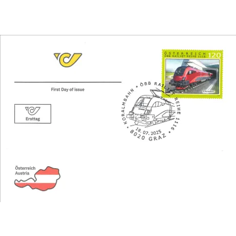 Austrian Post first day cover with stamp 'Austria 2025, €1.20: ÖBB Railjet Series 1116' and Graz postmark.