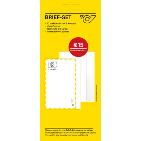 Letter set with 10 prepaid envelopes for Europe, €15 PRIORITY shipping.