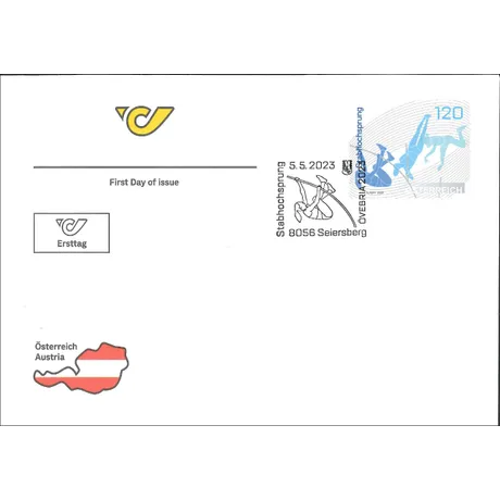 018b5bb753a1807a297233aa8b6db339c62748b1.jpg First day cover with Austrian Post stamp 'Austria 2023, Nominal 1.20 Euro: Pole Vault' and postmark from Seiersberg.