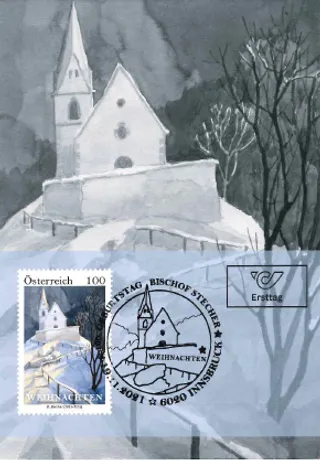 Austrian Post 2023 Christmas stamp, €1.00: snowy church scene, first day cover with Innsbruck postmark.