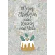 Postcard Merry Christmas and Happy New Year shows festive Christmas cake with white icing and green holly leaves on gray background with floral patterns elegant winter design text Merry Christmas and Happy New Year at top