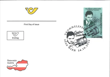 Austrian Post first day cover with 2022 stamp, €1.00: Gustav Tauschek and drum memory invention.