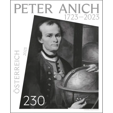 Austrian stamp 2023, nominal value 2.30 euros: Peter Anich, 1723-2023, with a globe and scientific tools.