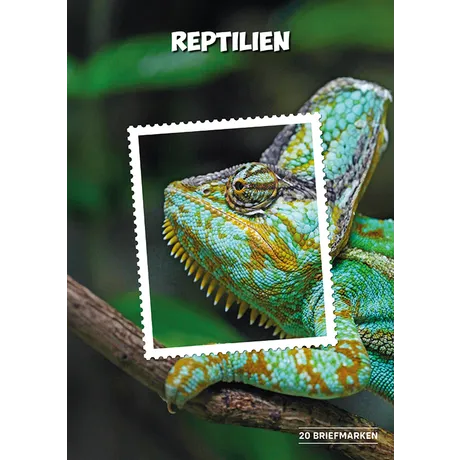 Austrian Post stamp collection 2023: 'Reptiles' theme featuring a colorful chameleon. Includes 20 stamps.