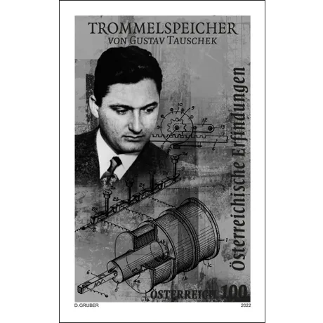 23125cacc90e768e04e1dfc6dbb4e11bd27ffea5.jpg Austrian stamp 2022, nominal value 1.00 Euro: Gustav Tauschek and drum memory invention illustration.