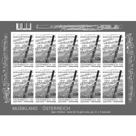 684a0275ddbc7f6c63904fe8e4ca6f2b378ca3d9.png Briefmarkenblock Österreich 2004, Nominale 1,20 €: Fagott mit Notenblatt, Teil der Serie 'Musikland Österreich'.