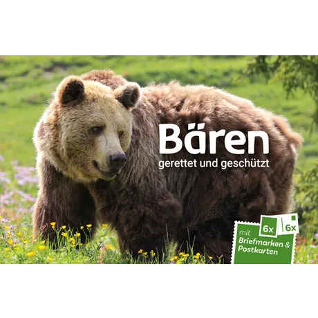Bears – rescued and protected Brown bear standing in meadow with flowers, text “Bears – rescued and protected”, note about stamps and postcards