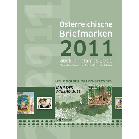 Titelbild des Briefmarkenbuchs 2011 der Österreichischen Post mit Briefmarken wie 'Jahr des Waldes 2011'.