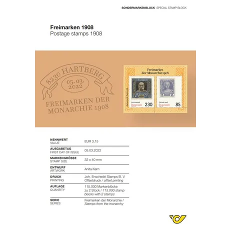 9a70d9a11df324e16551a0dad8805a97d6e88e74.jpg Austrian Post special stamp block 'Freimarken 1908' with two stamps, issued on 05.03.2022, nominal value €3.15.