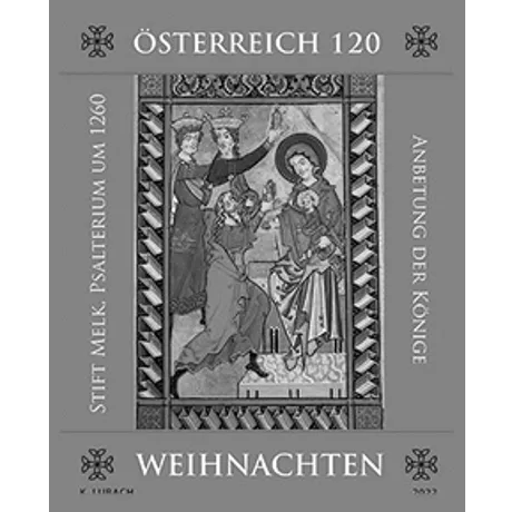 Austrian stamp 2023, nominal value 1.20 euros: Christmas motif 'Adoration of the Magi' from Stift Melk Psalter, ca. 1260.
