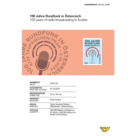 Briefmarke Österreich 2024, Nominale 3,50 €: 100 Jahre Rundfunk in Österreich, mit einem Retro-Mikrofon.