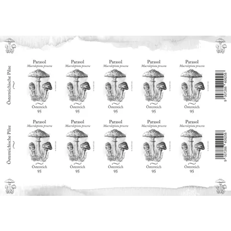 A sheet of Austrian Post stamps, 2023, 0.95 Euro: Parasol mushroom illustration, part of 'Austrian Mushrooms' series.