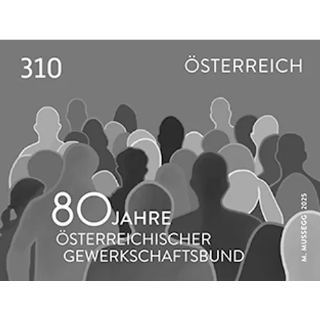 SD_80 Jahre Gewerkschaftsbund_0425 Austrian stamp 2023, nominal value 3.10 euros: 80 years of the Austrian Trade Union Federation, abstract crowd design.