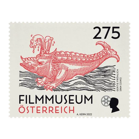 7f33e898f6a06940ba2892e0a9f1f808d0088a99.png Austrian stamp 2022, nominal value 2.75 euros: Film Museum Austria, red mythical creature by Gertie Fröhlich.