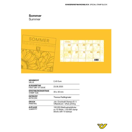 Sommer Sonderbriefmarkenblock 'Sommer' 2025 der Österreichischen Post, 2,45 €, Sonnenblumenmotiv, Ausgabe am 23.05.2025.