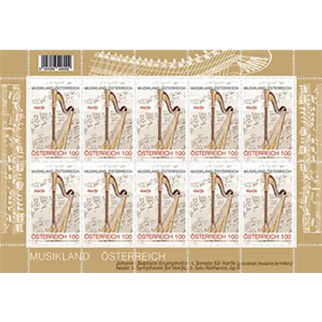 Miniature sheet with ten stamps Harp from Musicland Austria. Nominal 100, Austria, year 2025.