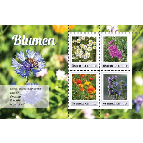 ad46f4530bb93806b2111c321dc9cbbaae500893.png Austrian Post 2023 stamp series 'Flowers', 1.00 Euro each: Chamomile, Foxglove, Buttercup, Viper's Bugloss.