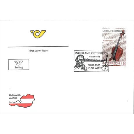 First day cover with Austrian Post stamp 'Music Land Austria 2023, Nominal 1.20 Euro: Cello' and special postmark.