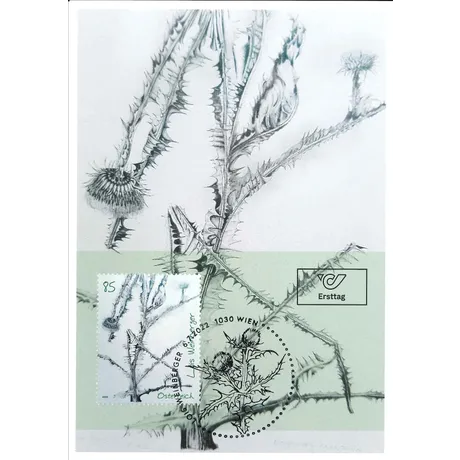 783ded67f5afdb4953c3a9e862640aad2e857995.jpg Austrian Post stamp 2022, nominal value 0.85 euros: botanical drawing of a thistle, first day cover with postmark.
