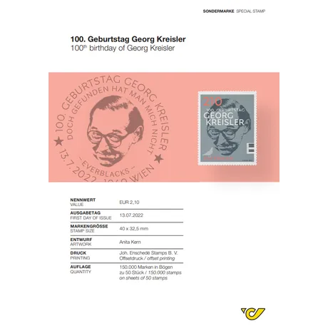Austrian Post stamp 2022, €2.10: 100th birthday of Georg Kreisler, portrait and text on a gray background.