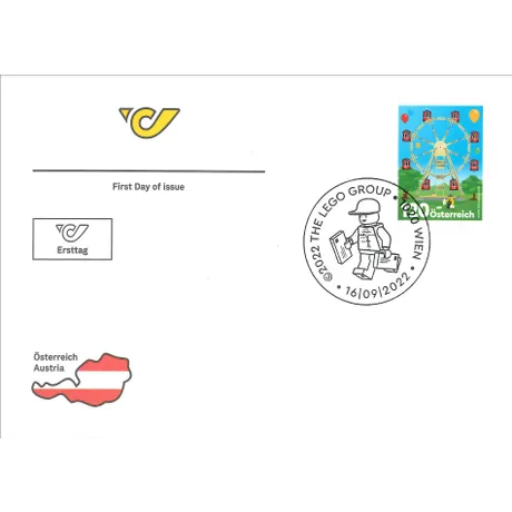 First Day Cover with Austrian Post logo, 2022 LEGO stamp featuring a Ferris wheel, and Vienna postmark.