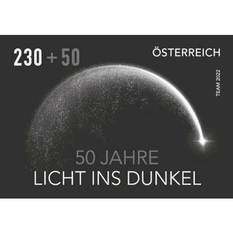 Austrian Post stamp 2022, 230+50 cents: 50 years of &#039;Licht ins Dunkel&#039; with a glowing arc design.