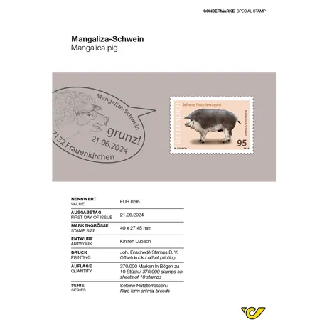 Briefmarke Österreich 2024, Nominale 0,95 €: Mangaliza-Schwein, Serie 'Seltene Nutztierrassen', Ausgabe 21.06.2024.